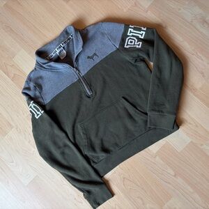 PINK Victoria's Secret Olive and Gray Quarter-Zip Sweater